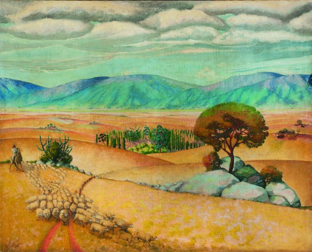 José Cuneo. "Paisaje de Minas con tropero y majada" óleo sobre tela 220 x 270 cm. 