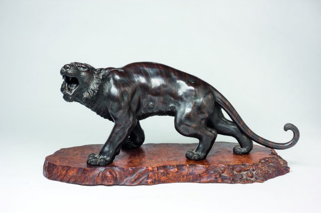 Original escultura japonesa con marcas Tigre rugiendo bronce