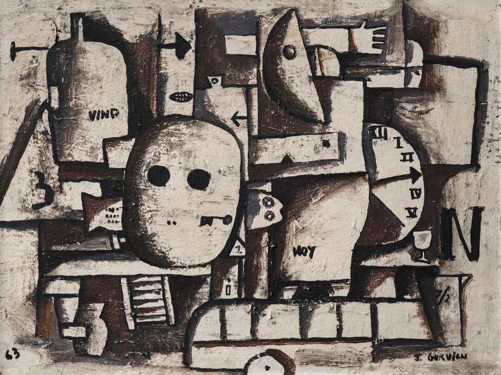 Lote 55. José Gurvich "Composición con reloj" óleo sobre cartón 30 x 39 cm. firmado abajo derecha y fechado 63.