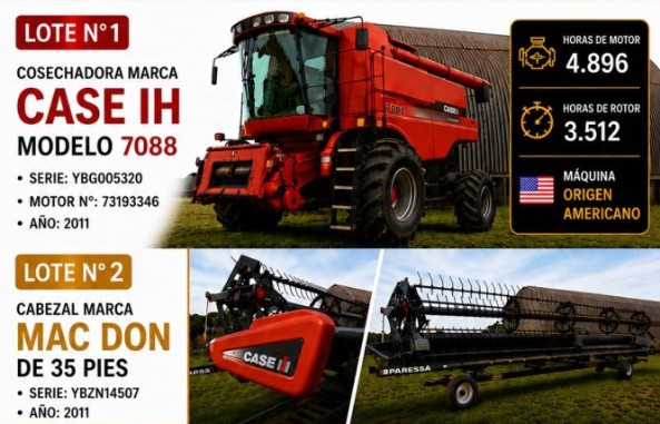 Cosechadora Case IH 7088 y cabezal Mac Don de 35 pies más carro